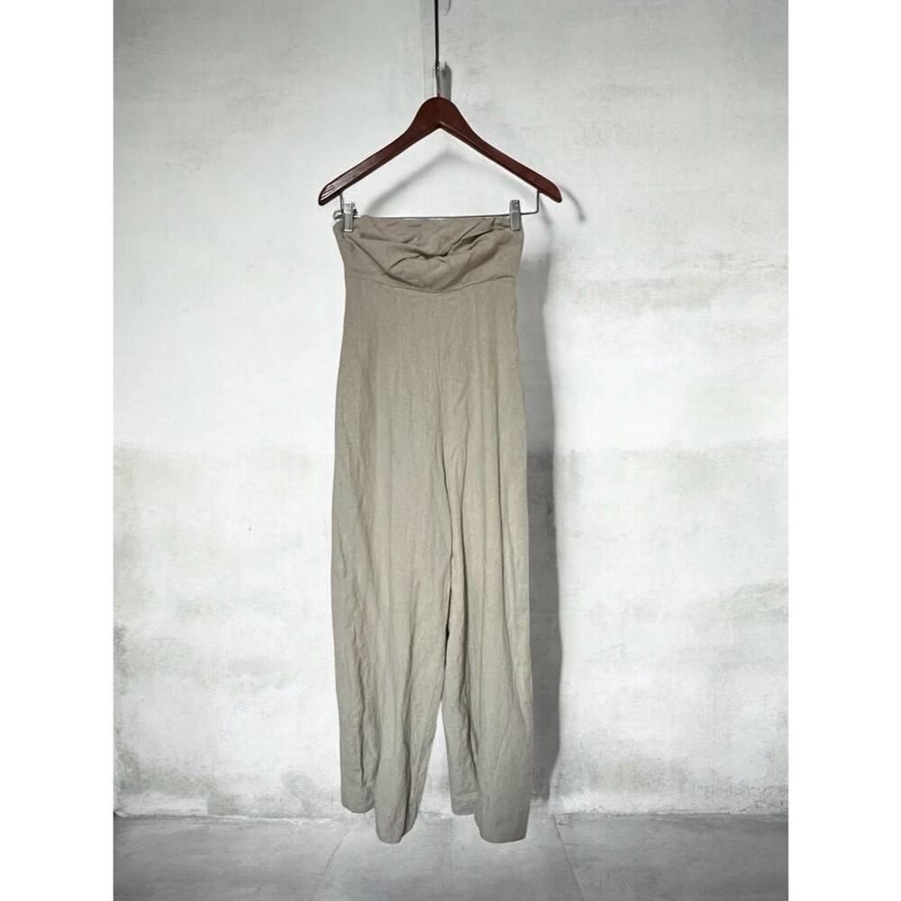 Urban Outfitters Linen Strapless Jumpsuit Beige Taupe Wide-Leg Size XS